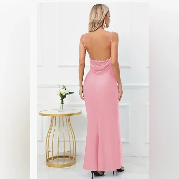 Capuffy women’s Pink Drape Neck Maxi Dress. - Picture 3 of 6